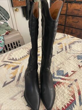 Black Leather Knee-High Western Boots